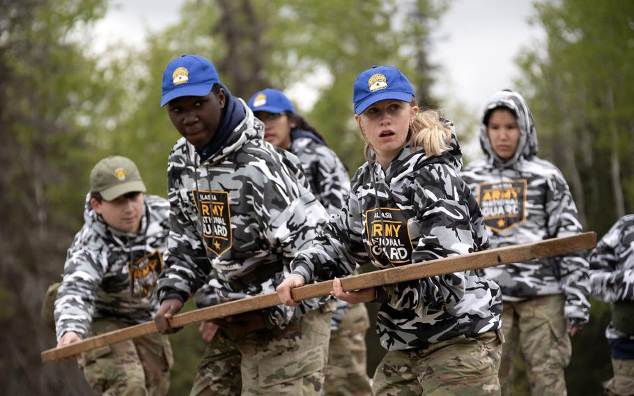 Junior Reserve Officer Training Corps cadets from area high schools complete the Leadership Reaction Course on Joint Base Elmendorf-Richardson, Alaska, May 29, 2024. 