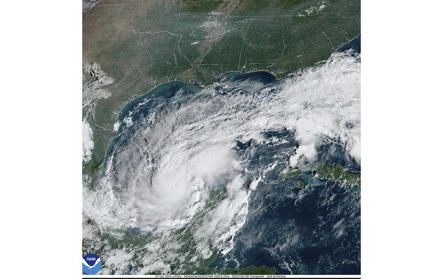 This satellite image provided by the National Oceanic and Atmospheric Administration on Monday, Oct. 7, 2024, shows Hurricane Milton. 