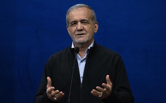 Iranian President Masoud Pezeshkian speaks during his press conference in Tehran, Iran, Monday, Sept. 16, 2024. (AP Photo/Vahid Salemi)