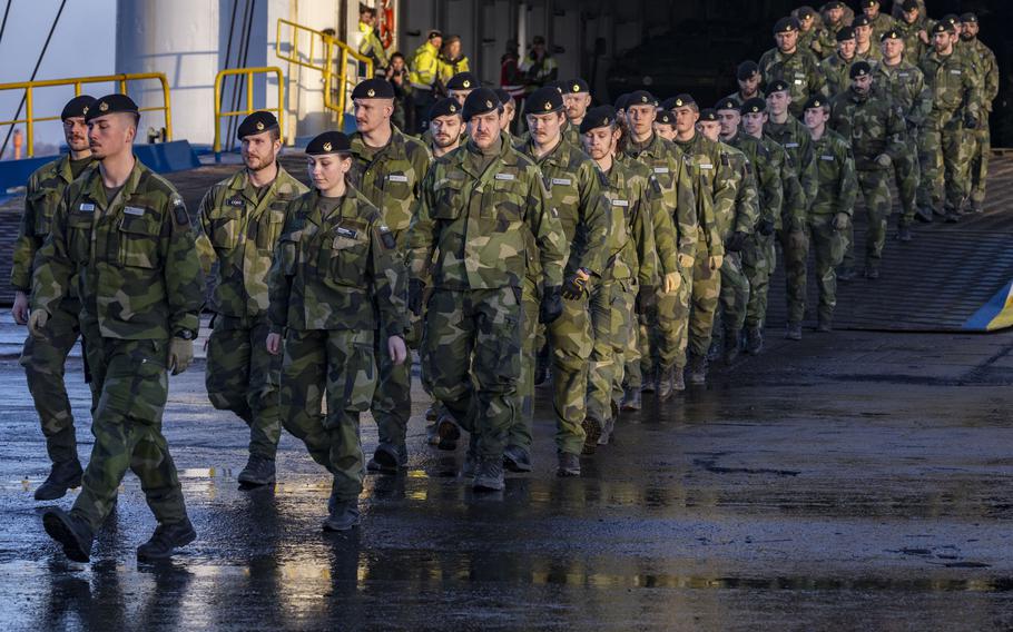 Swedish soldiers disembarked in the port of Riga, Latvia, Saturday, Jan. 18, 2025, to join a Canadian-led multinational brigade along NATO’s eastern flank. 