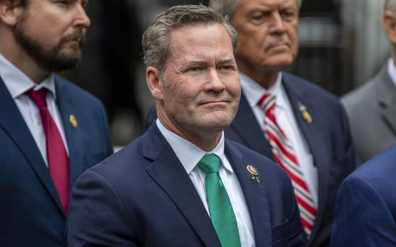 FILE - Rep. Michael Waltz, R-Fla., speaks outside the hush money criminal case of former president Donald Trump in New York, May 16, 2024. (AP Photo/Ted Shaffrey, File)