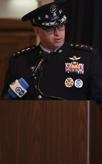 Gen. B. Chance Saltzman, the chief of space operations for the U.S. Space Force, speaks at a change of command ceremony for U.S. Space Forces in Europe-Space Forces Africa on Aug. 13, 2024, at Ramstein Air Base, Germany. The Space Force component based at Ramstein was activated in December. The command was elevated to a one-star position, with Brig. Gen. Jacob Middleton replacing Col. Max Lantz II, who is retiring.