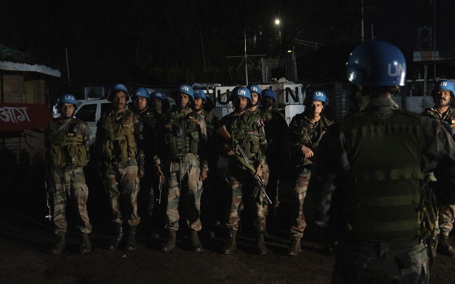 United Nations blue helmets from India under the MONUSCO umbrella take part in a night patrol in Goma, Democratic Republic of the Congo, on Aug. 28, 2024.