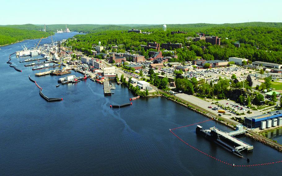 Aerial view of Naval Submarine Base New London in Groton, Conn.