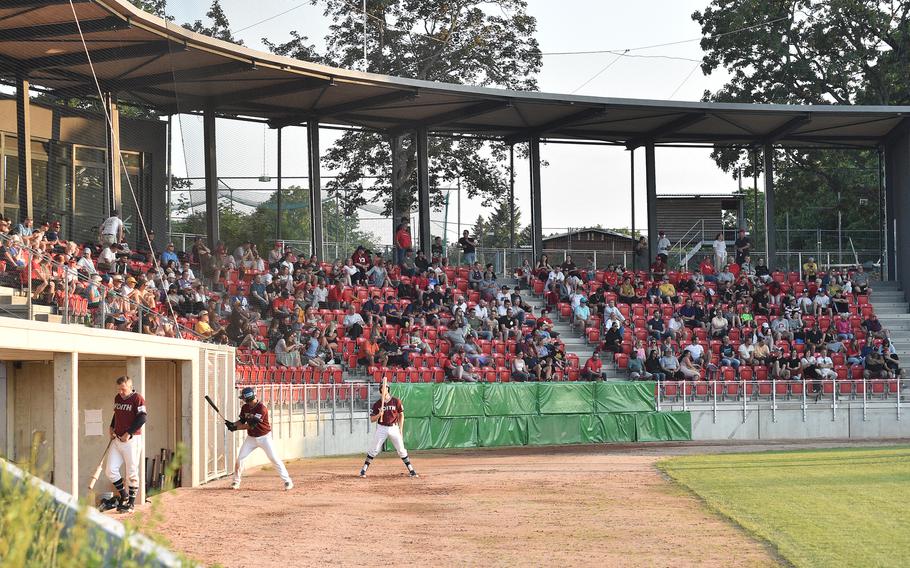 The crowd at TVC Ballpark in Stuttgart, Germany, watches the June 9, 2023, Baseball Bundesliga game between the Reds and Heidenheim. The stadium's entrance is across the street from the Robinson Barracks gate on Schozacher Strasse.