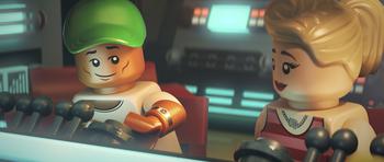 LEGO characters Pharrell Williams, left, and Gwen Stefani in a scene from “Piece By Piece.” 