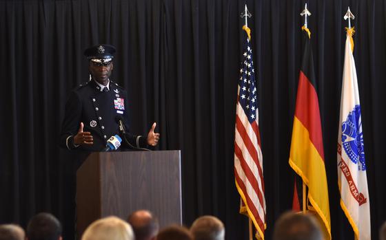 Brig. Gen. Jacob Middleton speaks to guardians and guests after taking command Aug. 13, 2024, of U.S. Space Forces in Europe-Space Forces Africa at Ramstein Air Base, Germany. Middleton is the second commander at the helm since the new unit was activated at Ramstein in December 2023.