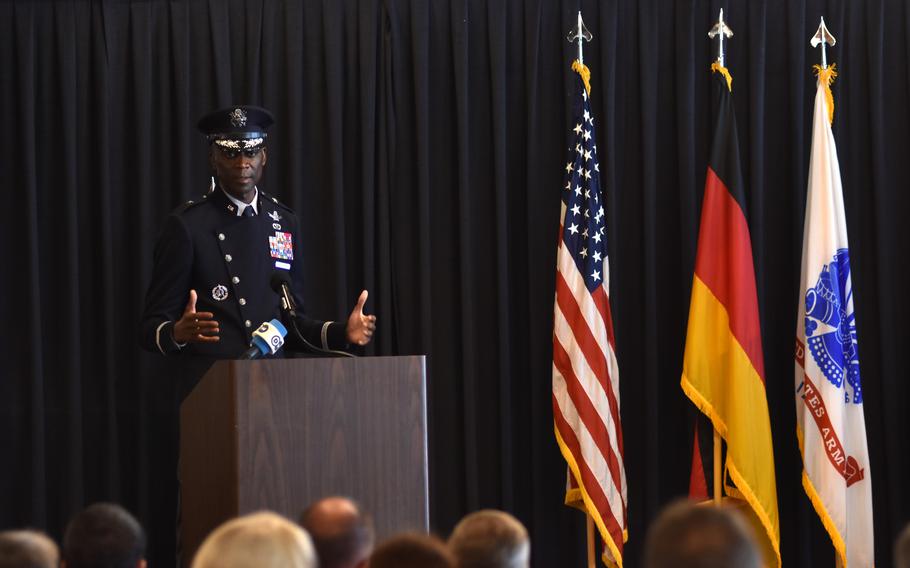 Brig. Gen. Jacob Middleton speaks to guardians and guests after taking command Aug. 13, 2024, of U.S. Space Forces in Europe-Space Forces Africa at Ramstein Air Base, Germany. Middleton is the second commander at the helm since the unit was activated at Ramstein in December 2023.