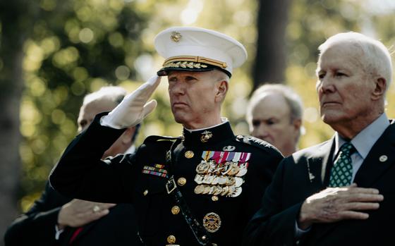 Commandant of the Marine Corps Gen. Eric M. Smith salutes during ceremonial colors at the 40th Beirut Memorial Observance Ceremony at Lejeune Memorial Gardens in Jacksonville, North Carolina, Oct. 23, 2023. The memorial observance is held annually on October 23 to remember the lives lost in the terrorist attacks at U.S. Marine Barracks in Beirut, Lebanon and Grenada.