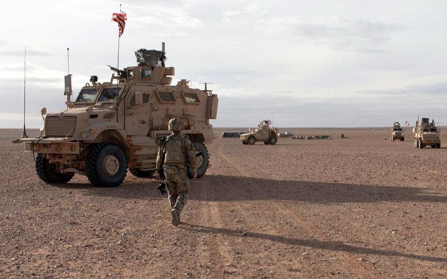 U.S. soldiers patrol near al-Tanf, Syria.