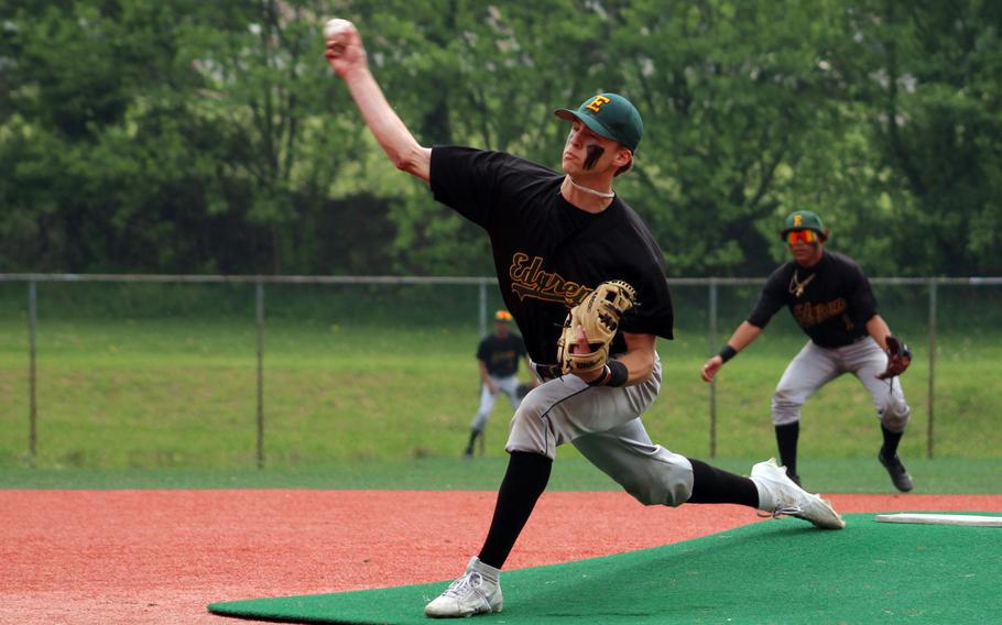 Robert D. Edgren right-hander Parker Kuns delivers in Tuesday's Division II baseball playoffs. The Eagles 11-2 to Osan and play for fifth place on Thursday.