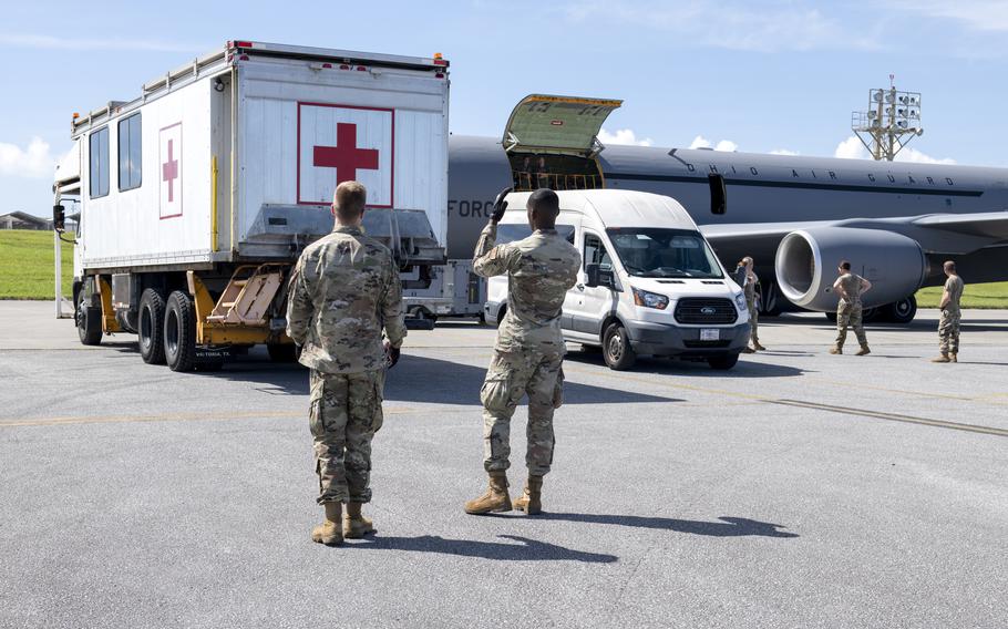 Air Force Staff Sgt. Connor Morris, a medical technician, trains on medical evacuation vehicles alongside members of the Kadena Air Base Critical Care Air Transportation Team on July 20, 2023 at U.S Naval Hospital Okinawa, Japan. 