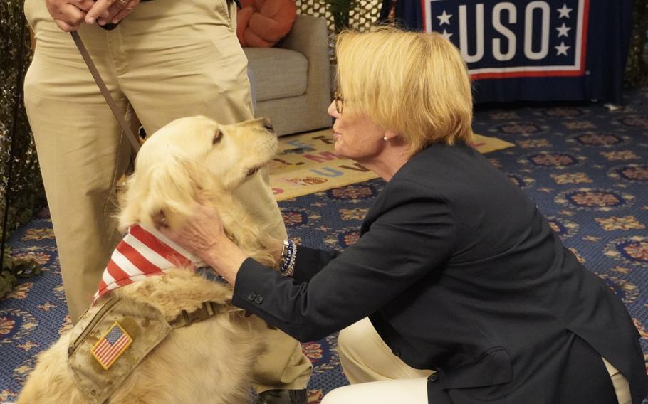 Sen. Maggie Hassan greets dog