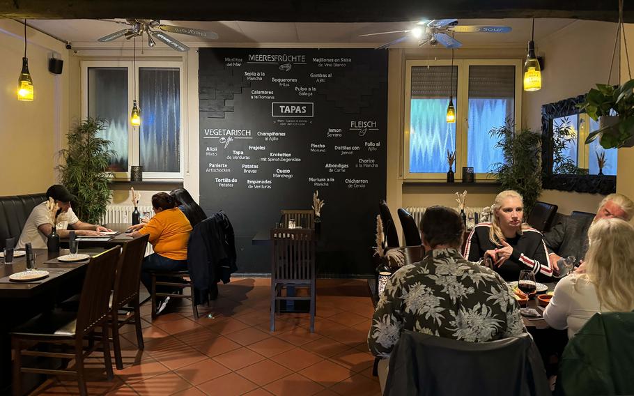 A large blackboard at Mi Peru, a restaurant in Darmstadt, Germany, shows the tapas it serves. As its name indicates, it is a Peruvian restaurant with Spanish additions of tapas and paella.