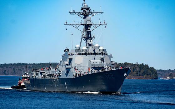 The future USS John Basilone transits the Kennebec River near Bath, Maine, heading out to sea to conduct trials in April 2024. The ship, named for Gunnery Sgt. John Basilone, who was awarded the Medal of Honor in World War II, was delivered to the Navy on July 8, 2024, by General Dynamics Bath Iron Works. 