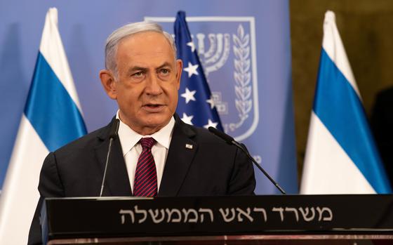 Israel Prime Minister Benjamin Netanyahu speaks to press during a joint press conference with Secretary of Defense Lloyd J. Austin III, Israel, April 12, 2021. 