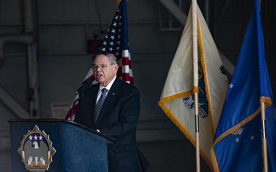 Sen. Robert Menendez  speaks during a military construction groundbreaking ceremony at Joint Base McGuire-Dix-Lakehurst.