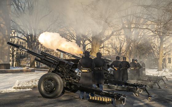 U.S. Soldiers with the 3d U.S. Infantry Regiment (The Old Guard), 1st Battalion, The Presidential Salute Battery, fire a 3-inch gun M5 anti-tank cannon for a 21-gun salute during a rehearsal for the 60th Presidential Inauguration in Washington, D.C., Jan. 12, 2025. More than 5,000 military members from across all branches of the U.S. Armed Forces, including Reserve and National Guard components, will provide ceremonial support and Defense Support of Civil Authorities during the inaugural period. (Department of Defense photo by Staff Sgt. Danny Gonzalez)