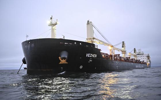 The cargo ship Vezhen is anchored outside Karlskrona, Sweden, Monday, Jan. 27, 2025, for examination by Swedish authorities. (Johan Nilsson/TT News Agency via AP)