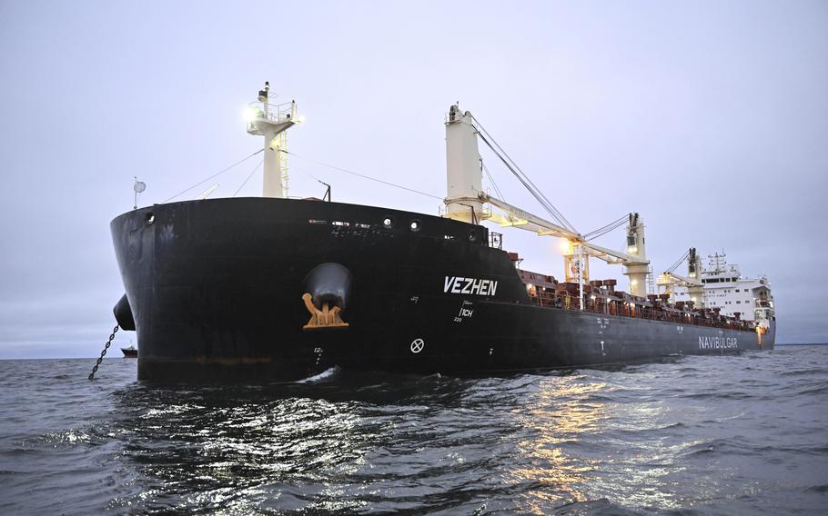 The cargo ship Vezhen is anchored outside Karlskrona, Sweden