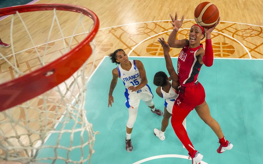 The USA’s A’ja Wilson looks to score during the women’s basketball gold medal game against France at Bercy Arena at the 2024 Summer Olympics, Sunday, Aug. 11, 2024, in Paris.