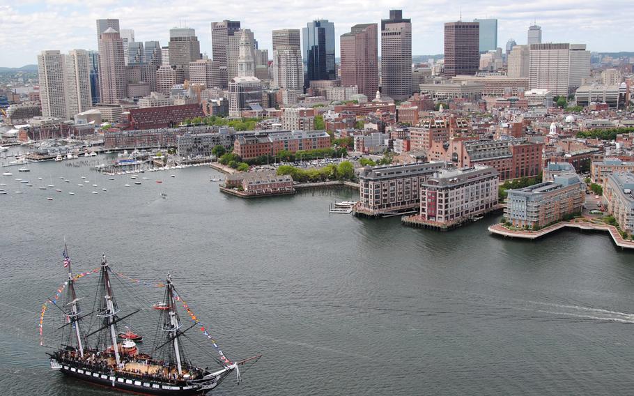 USS Constitution sails into Boston Harbor during an underway Battle of Midway commemoration, June 3, 2011.
