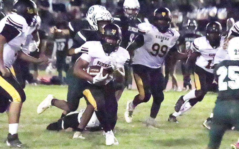 Kadena's Jeremiah Drummer rushed for 150 yards and four touchdowns against Kubasaki.