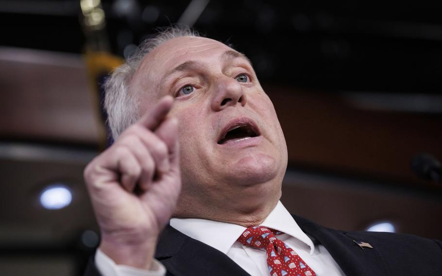 House Majority Leader Steve Scalise, a Republican from Louisana, speaks during a news conference at the Capitol on Thursday.