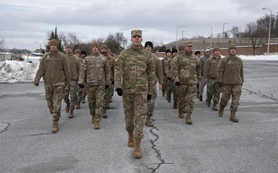 U.S. Air Force Tech. Sgt. Steven E. Vera trains 45 augmentees on marching