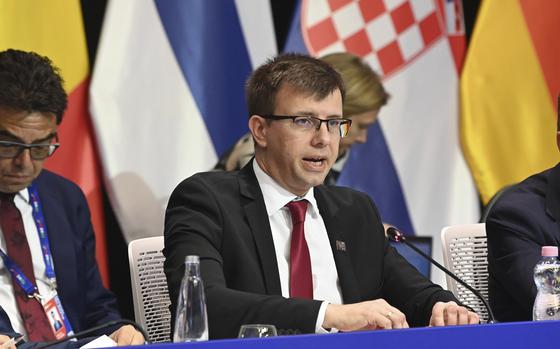 European Affairs Minister Janos Boka of Hungary speaks during the informal meeting of the EU General Affair council in Budapest, Hungary, Tuesday, Sept. 3, 2024. (Zoltan Mathe/MTI via AP)