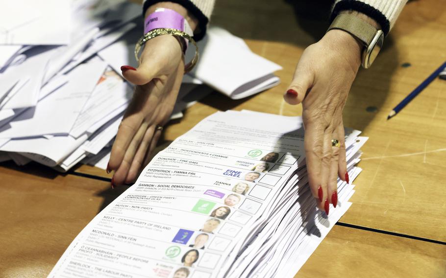 Counting begins for Ireland’s General Election at the Royal Dublin Society in Dublin, Ireland, Saturday, Nov. 30, 2024. 