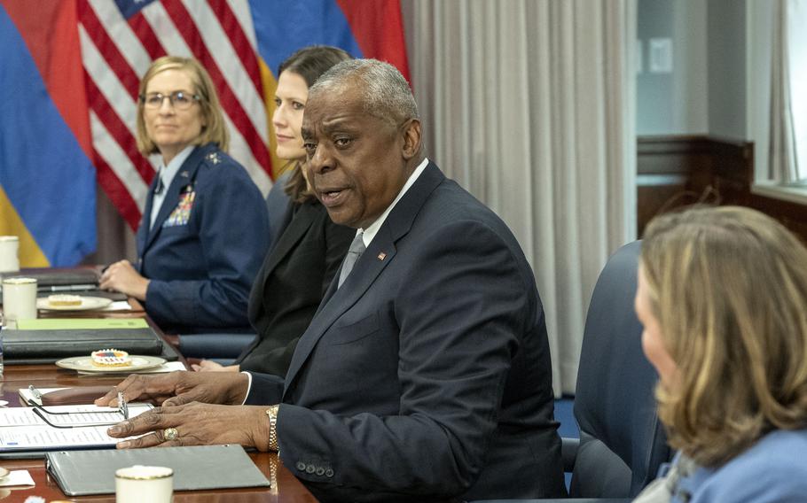 Secretary of Defense Lloyd Austin speaks during a meeting with Armenian Defense Minister Suren Papikyan at the Pentagon, Thursday, Dec. 5, 2024, in Washington.