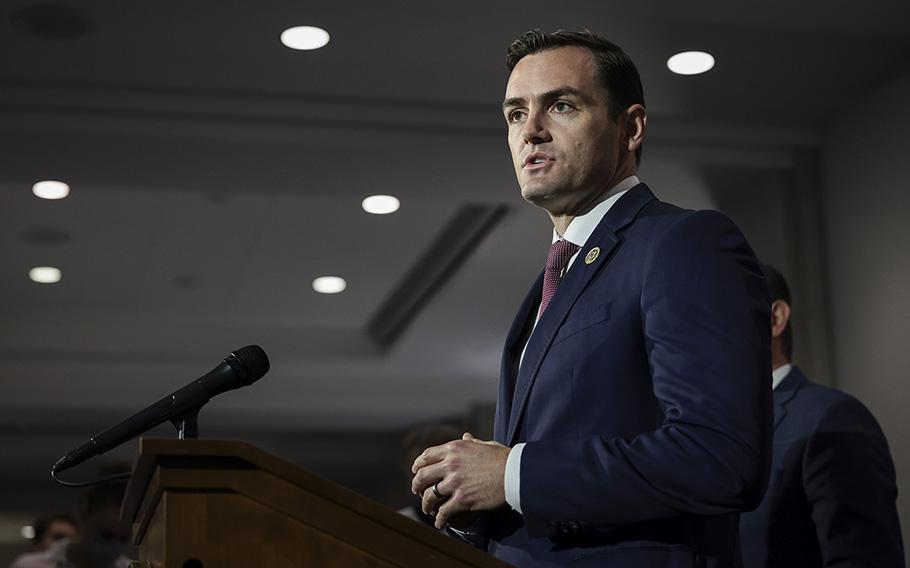 Rep. Mike Gallagher, R-Wis., speaks to reporters after a House Republican Caucus meeting at the U.S. Capitol on Sept. 21, 2021, in Washington, D.C. 