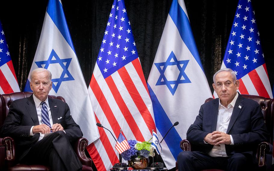 President Joe Biden and Israel Prime Minister Benjamin Netanyahu in Tel Aviv on Oct. 18, 2023.