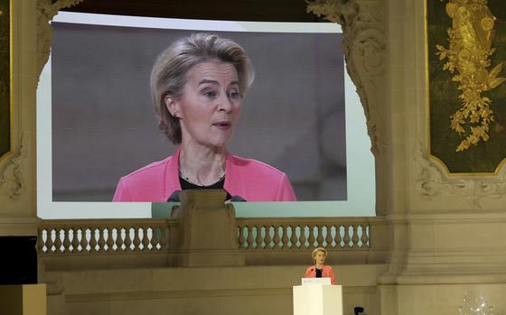 European Commission President Ursula von der Leyen addresses the audience at the Grand Palais during the Artificial Intelligence Action Summit in Paris, Tuesday, Feb. 11, 2025. (AP Photo/Michel Euler)