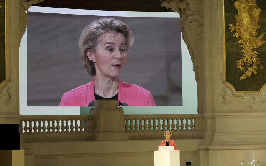 European Commission President Ursula von der Leyen addresses the audience at the Grand Palais