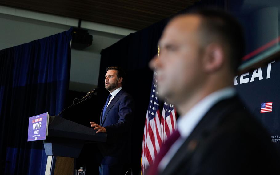 Republican vice-presidential nominee J.D. Vance speaks during a fundraising event at Discovery World on Wednesday during the Republican National Convention in downtown Milwaukee. 