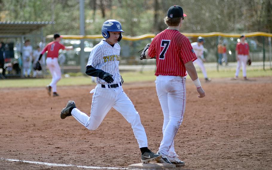 Jackson Branco reaches first base.