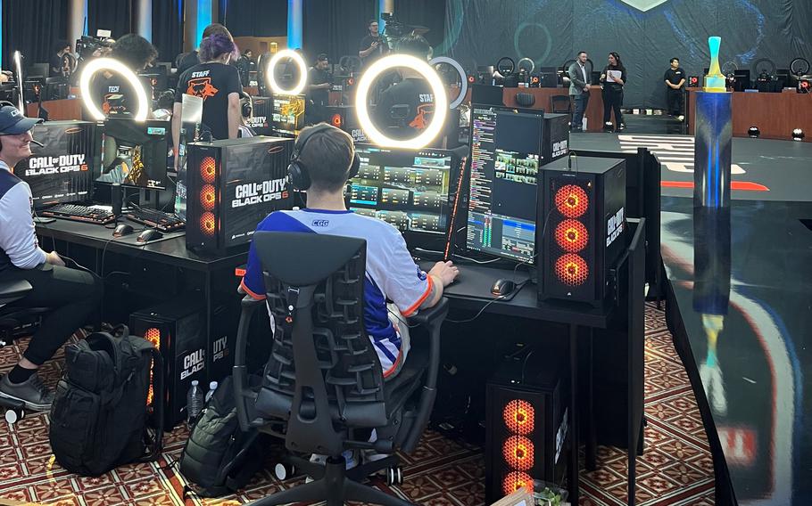 Members of the U.S. Coast Guard team prepare for the start of Call of Duty Endowment Bowl V at the National Building Museum in Washington on Aug. 28, 2024.