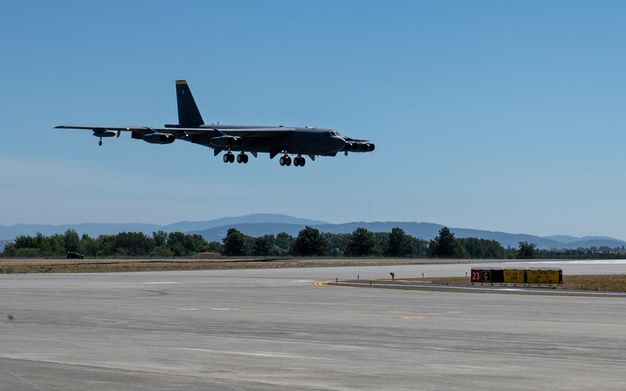 A B-52H Stratofortress assigned to the 69th Bomb Squadron prepares to land at Fairchild Air Force Base, Wash., July 15, 2024. 