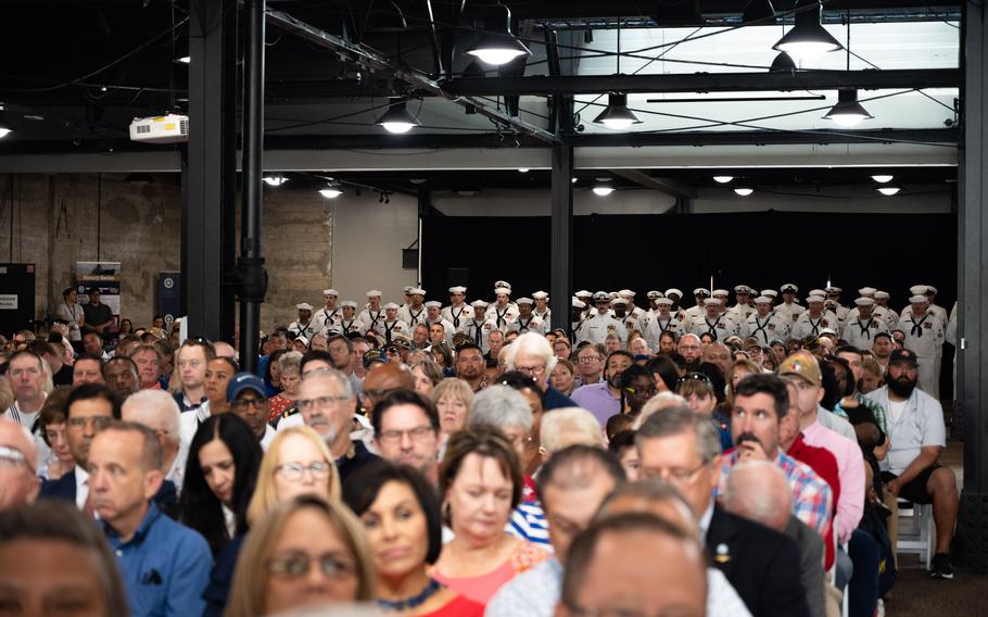 Spectators watch the commissioning ceremony of the Navy's newest littoral combat ship, USS Kingsville (LCS 36), Saturday, August 24, 2024, in Corpus Christi, Texas. 