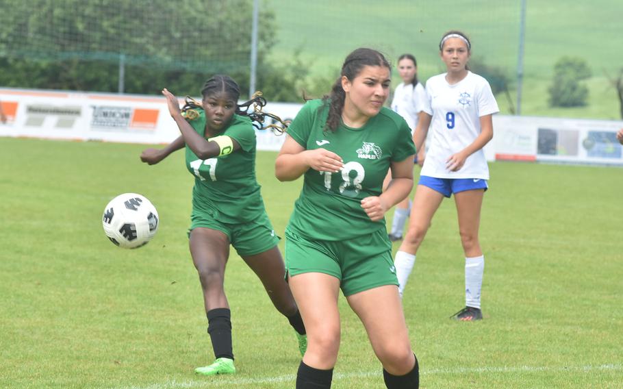 Naples' VaNae Filer managed to avoid hitting teammate Ava Williams with this shot on goal Wednesday, May 22, 2024, while missing an opportunity to score her fourth goal of the match during the DODEA European Division II girls soccer championships at Reichenbach-Steegen, Germany.