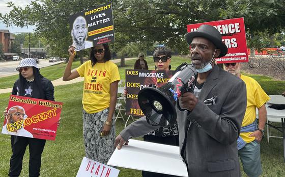 Joseph Amrine, who was exonerated two decades ago after spending years on death row, speaks at a rally to support Missouri death row inmate Marcellus Williams on Aug. 21, 2024, in Clayton, Mo.