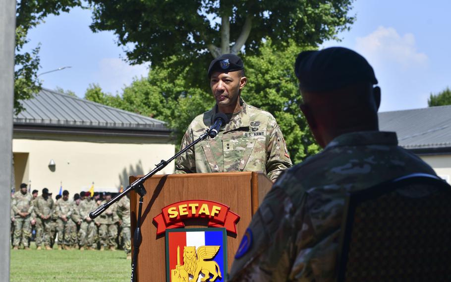 Maj. Gen. Andrew Gainey, the incoming commander of U.S. Army Southern European Task Force, Africa, speaks July 18, 2024, during a change of command ceremony at Caserma Ederle in Vicenza, Italy.