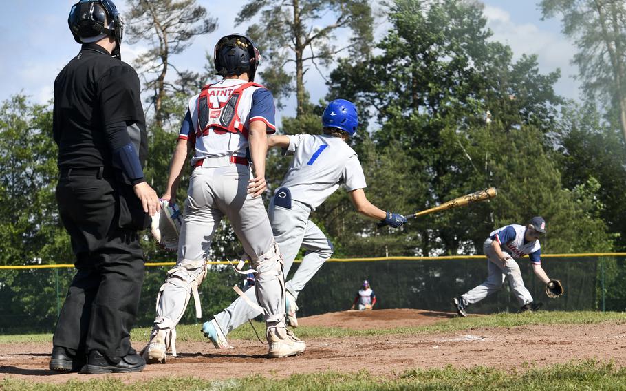 Hohenfels’ Cully Jordan races toward first after hitting a ball toward the pitcher in a game in Ramstein Air Base, Germany, during the first day of the 2024 DODEA European baseball championships.