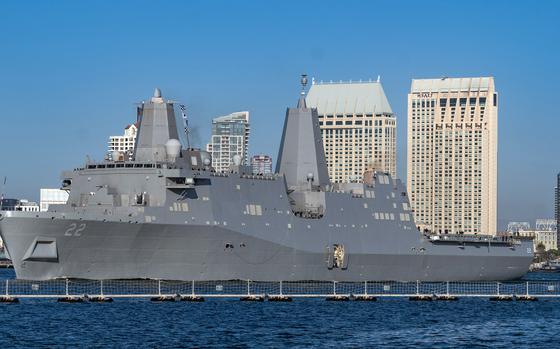 The amphibious transport dock ship USS San Diego leaves San Diego, Aug. 14, 2024, for its new homeport in Sasebo, Japan.
