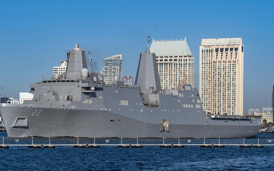 The amphibious transport dock ship USS San Diego leaves San Diego, Aug. 14, 2024, for its new homeport in Sasebo, Japan.