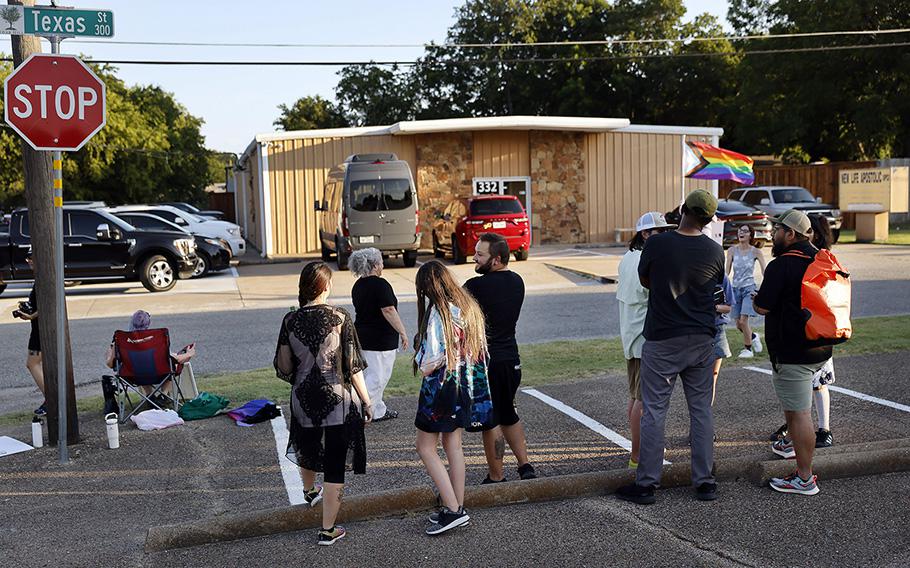 Protesters, including those with No Hate In Texas, chanted and yelled at New Independent Fundamentalist Baptist parishioners gathering at the Stedfast Baptist Church, their new location in Cedar Hill, Texas, July 12, 2023. 