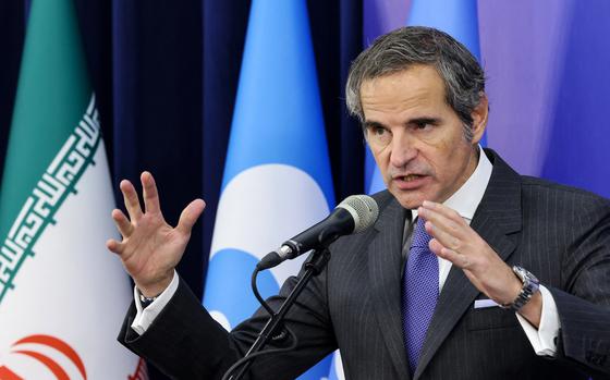 United Nations nuclear chief Rafael Grossi speaks during a joint press conference with Iran's head of the Atomic Energy Organisation in Tehran on Nov.14, 2024. Grossi said on November 14 that achieving "results" in talks with Iran is vital to avoid a war. (Atta Kenare/AFP/Getty Images/TNS)