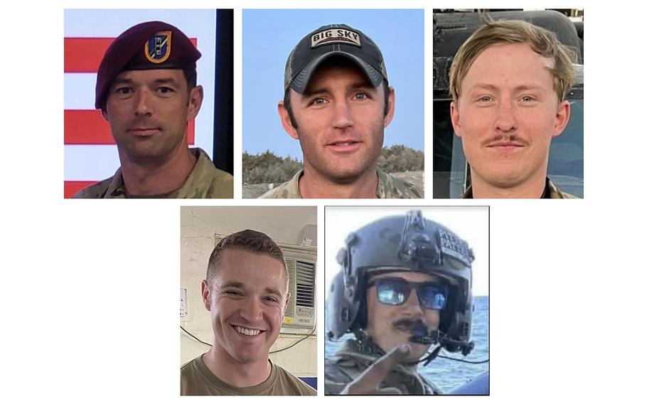 Top, from left: Chief Warrant Officer 3 Stephen Dwyer; Chief Warrant Officer 2 Shane Barnes; and Staff Sgt. Tanner Grone. Bottom, from left: Sgt. Andrew Southard and Sgt. Cade Wolfe. The five special operations soldiers were killed in the crash of an MH-60 Black Hawk on Nov. 10, 2023. On Thursday, Army officials announced the recovery of the remains of three of the soldiers. 